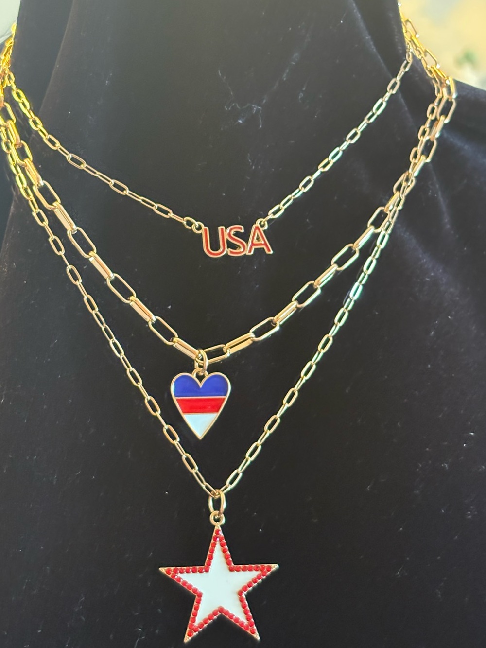 Gold USA Layered Necklace with Red, White & Blue Charms